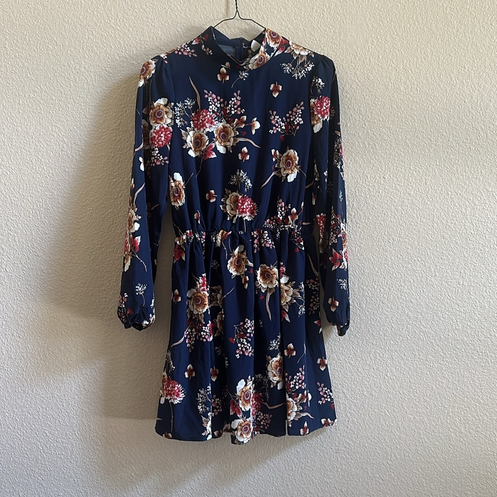 Floerns Woman’s Floral Navy Long Sleeve Dress with Bow Collar Size XS
